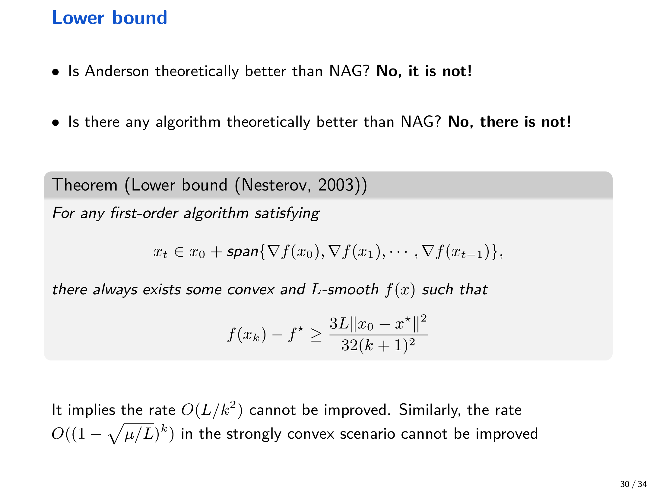 Lower bound：\(O(L/k^2)\) 不可改进（课件页）