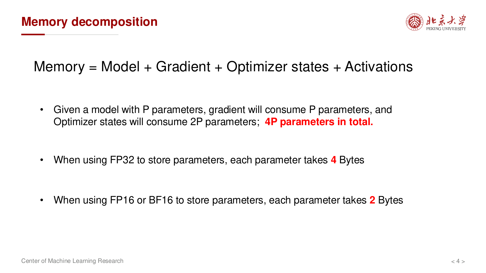 Memory = Model + Gradient + Optimizer + Activations
