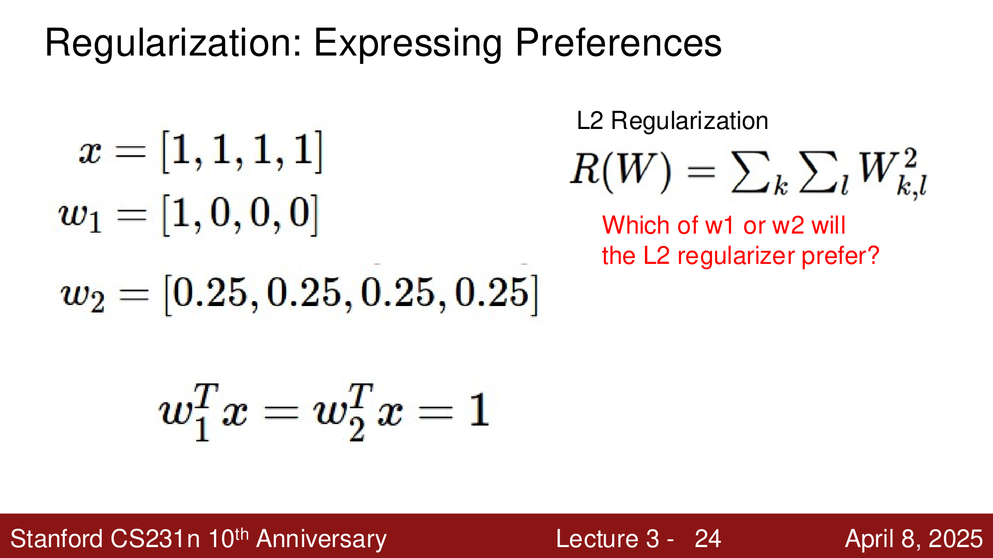 L2 正则化偏好分散的权重：w2 被 L2 偏好