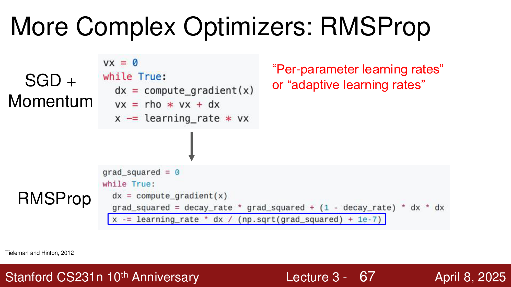 RMSProp：自适应缩放每个参数的学习率